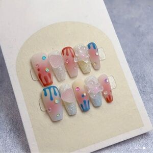 Handmade press-on matte nails w/color drops & candy charms(Free glue included!)